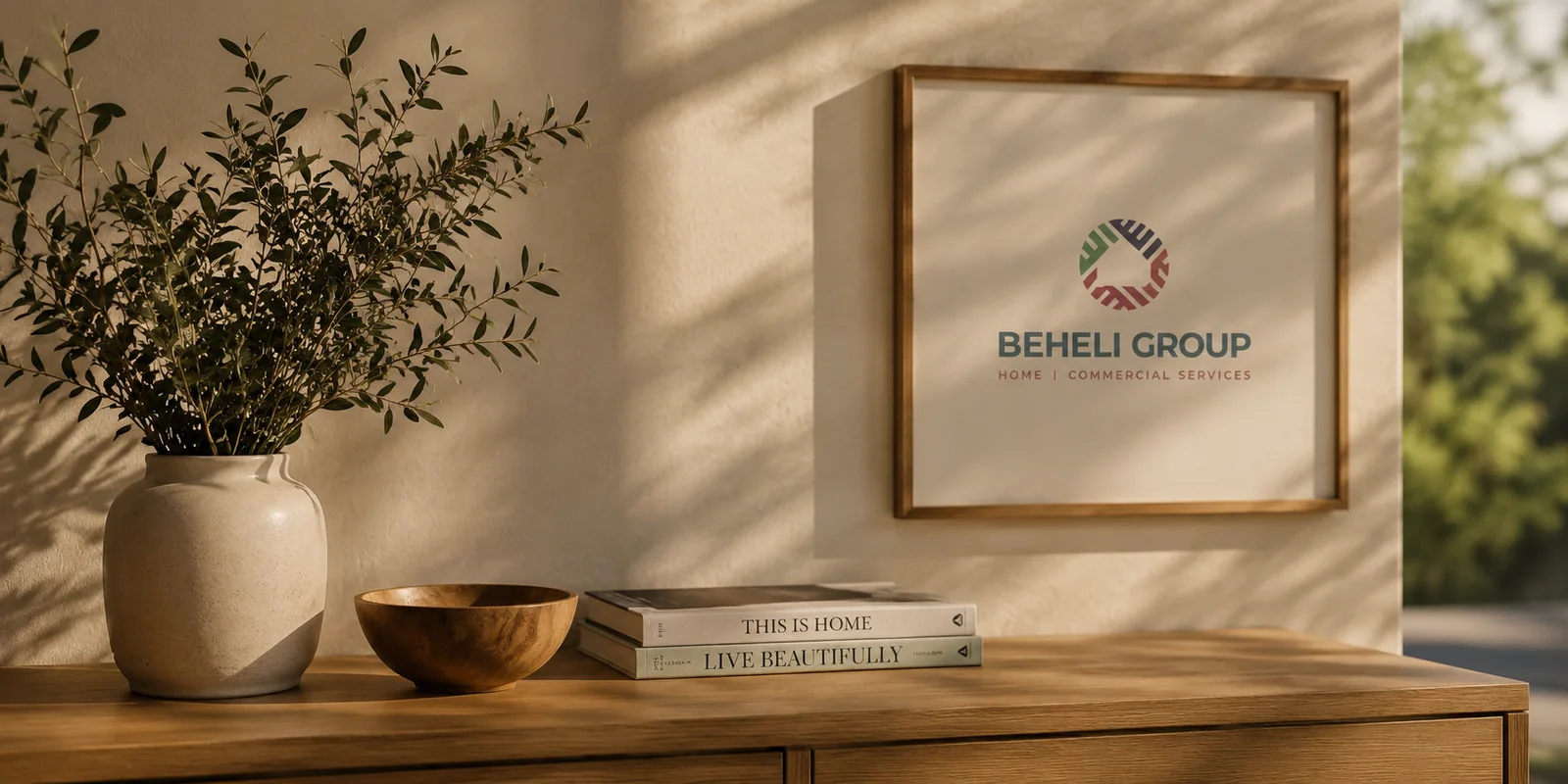 Beheli Group branding framed on a sunlit wall above a timber sideboard in a Sutherland Shire home