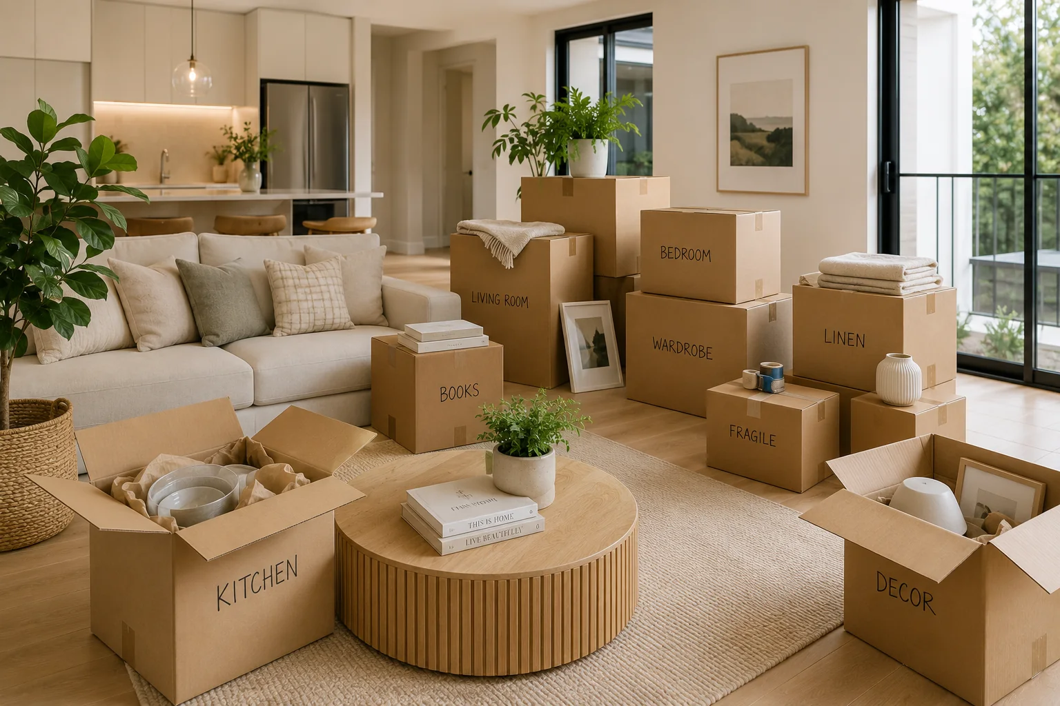 Move-in unpacking with labelled moving boxes in a new home