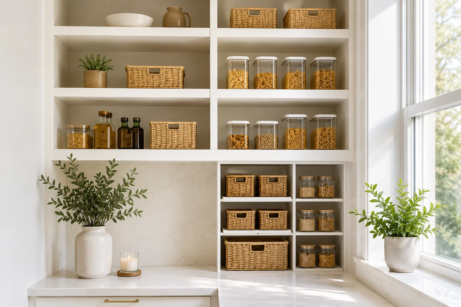 Organised pantry with labelled containers and baskets