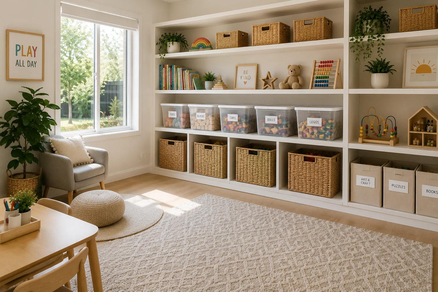 Organised playroom with labelled baskets and tubs for toys and books