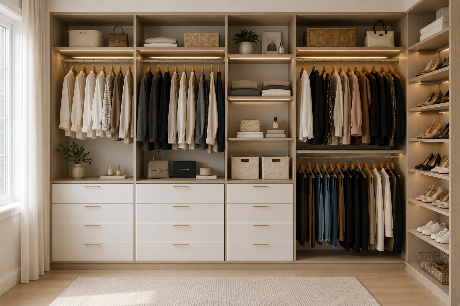 Organised wardrobe with neatly folded clothing and shoe storage