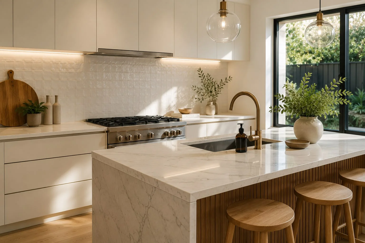 Deep cleaning a kitchen in a St George home, benches and splashback spotless