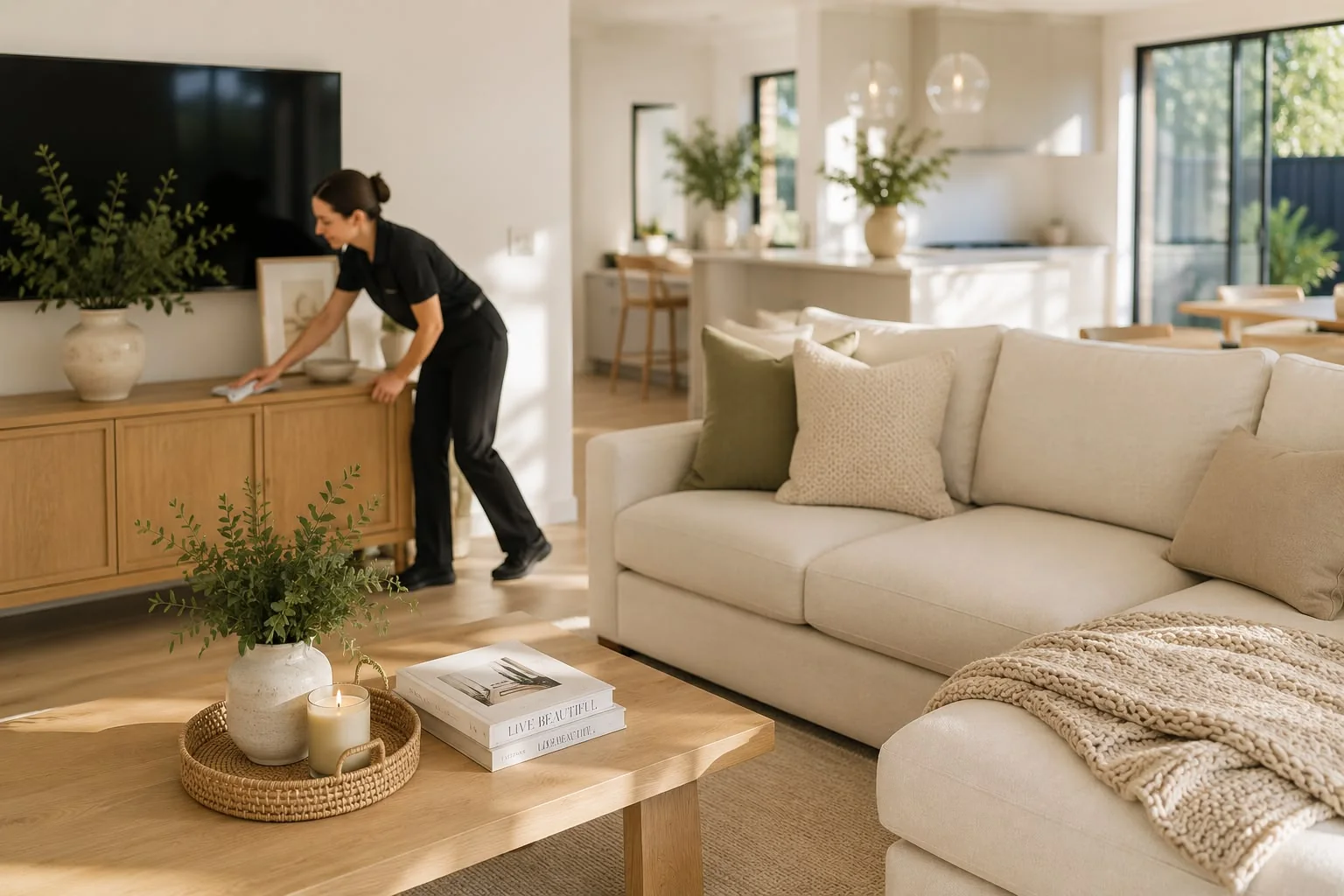 Professional house cleaner dusting a living room during a regular home clean in the Sutherland Shire